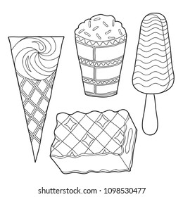 Coloring for children. A set of ice cream. On a stick, a glass, a horn, a briquette. Hand drawn. Black and white vector illustration.