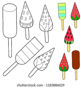 Coloring for children. A set of ice cream on a stick. Multilayered, Eskimo, strawberry, watermelon slice. Black and white vector illustration with a sample for coloring.