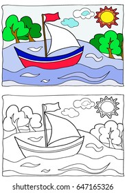 Coloring for children. Summer. A ship floating on the waves. Hand drawn. Colored Vector illustration.