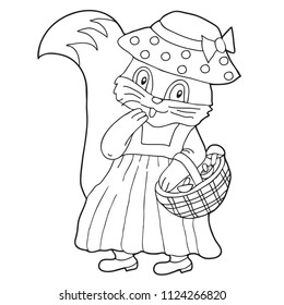 Coloring for children. A toy. 
 Squirrel with a basket of mushrooms. Hand drawn. Black and white vector illustration.
