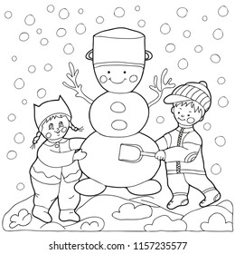 Coloring for children. Winter fun. Children mold a snowman. Hand drawn. Black and white vector illustration.