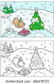 Coloring for children. Winter theme. Black and white vector illustration.