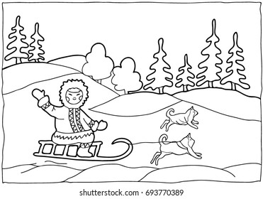 Coloring for children. Winter theme. Black and white vector illustration.