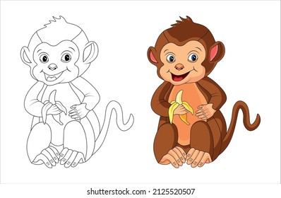 Coloring for children.Cute monkey holding a banana in his paw. Funny  monkey on white background.Vector illustration.
Outline coloring page and in color.Cartoon smiling monkey