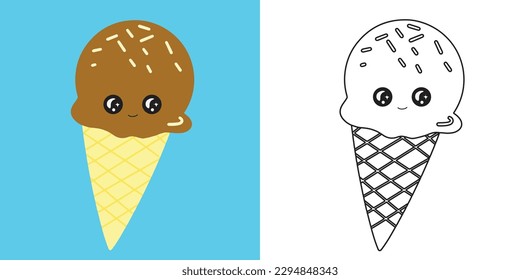 Coloring the chocolate ice crema cone activity for children. Coloring ice cream. Educational printable coloring worksheet. Vector file.