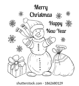 Coloring Christmas Card with Snowmen ang Christmas toys. Greeting card coloring page.