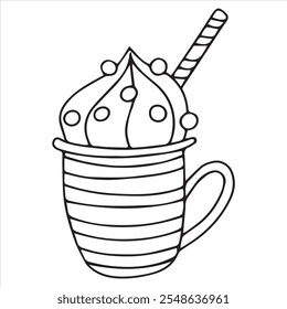 Coloring. Christmas drink. Hot chocolate mug with marshmallows. Christmas New Year decor, symbol. Simple vector sketch.