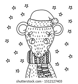 
coloring Christmas new year black outline white background mouse rat in Santa hat and knitted scarf