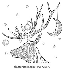 Coloring Christmas reindeer. Hand drawn doodle vector illustration.