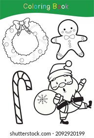 Coloring Christmas sets worksheet page. Educational printable coloring worksheet. Coloring game for preschool children. Black and white vector illustration. Motor skills education.