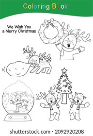 Colorando la página de la hoja de cálculo de los conjuntos de Navidad. Hoja de trabajo de coloreado educativo imprimible. Juego de coloración para niños en edad preescolar. Ilustración vectorial en blanco y negro. Educación en técnicas motorizadas.