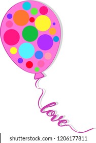 Coloring circles inside pink ballon. Ballon is flying with love letter