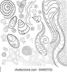 Coloring with cockleshells. Sea subject.