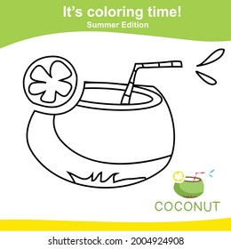 Coloring coconut worksheet page. Educational printable coloring worksheet. Additional worksheet for kids. Vector illustration in cartoon style.
