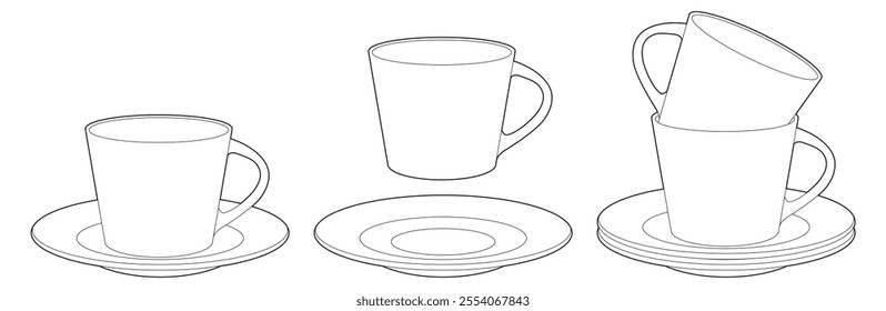 Coloring. Coffee mug. Cup and saucer. Black line. Vector illustration.