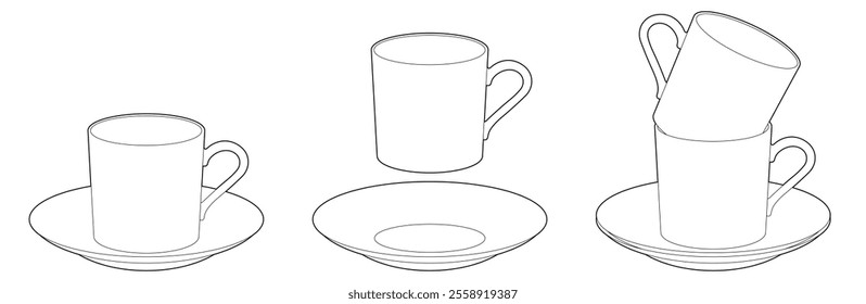 Coloring. Coffee mug. Cup and saucer. Black line. Vector illustration.