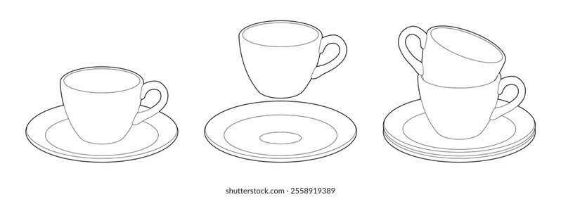 Coloring. Coffee mug. Cup and saucer. Black line. Vector illustration.