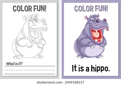 Coloring and colored illustrations of a hippo