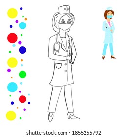 Colores e imagen de color de un médico de pie. Coloriendo la persona de la página. Se puede usar para imprimir, revista, afiche. Ilustración vectorial.