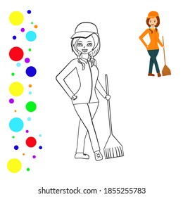 Colorido y colorido imagen del conserje de pie. Coloriendo la persona de la página. Se puede usar para imprimir, revista, afiche. Ilustración vectorial.