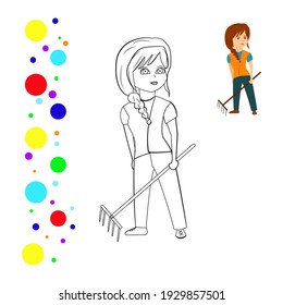 Coloring and colored image of standing janitor. Coloring page smilling woman caretaker. Can be used for print, magazine, poster. Vector illustration.