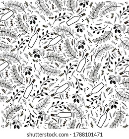 Coloring composition seamless pattern with leaves olives herbs spices bottle oil white black brown