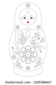 Coloring contour book for children. Traditional souvenir Russian floral folk matryoshka babushka doll. Gorodets painting stylization. Russian nesting doll girl with a smile