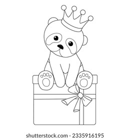 Coloring. The contour of a cute panda with a crown on his head sits on a gift on a white background. Vector illustration. Beautiful black and white animal.