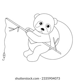 Coloring. The contour of the Cute panda is a fisherman who sits on the moon and catches fish on a white background. Vector illustration. Beautiful black and white animal.