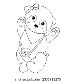 Coloring. The contour of a cute panda girl with a bow and a bag on a white background. Vector illustration. Beautiful black and white animal.