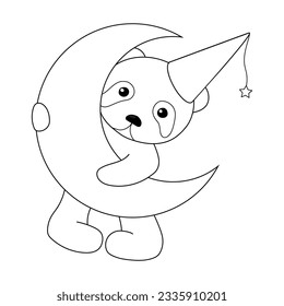 Coloring. The contour of a cute panda with the moon in his hands and a cap on his head on a white background. Vector illustration. Beautiful black and white animal.