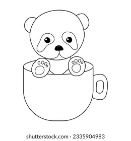 Coloring. The contour of a cute panda on a white background, which sits in a cup. Vector illustration. Beautiful black and white animal.
