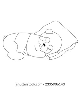 Coloring. The contour of a cute panda that lies on a pillow and sleeps on a white background. Vector illustration. Beautiful black and white animal.