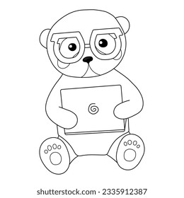 Coloring. The contour of a cute panda who sits at a computer and wears glasses on a white background. Vector illustration. Beautiful black and white animal.