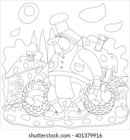 Coloring. Cook is in the city, walking along the street with food. It carries two baskets of food.