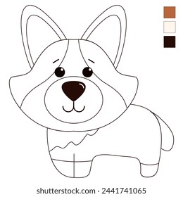 Coloring corgi cute dog, flat graphics, vector, full-face view, lines, color swatches to paint on 