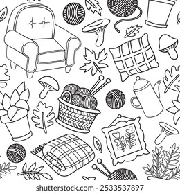 Coloring, cozy home autumn interior, cute illustrations
