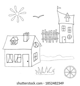 Coloring. Cozy houses in a fabulous city .Outline drawing for coloring. Cartoon lines art. Vector hand draw illustration.