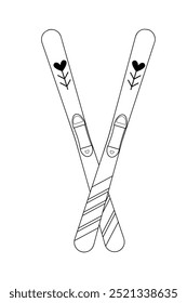 Coloring cozy winter, cute skis black and white, line. Vector illustration