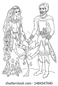 Coloring with crowd family. Queen and king are joyful about the birthday of their son - little prince from beautiful flower
