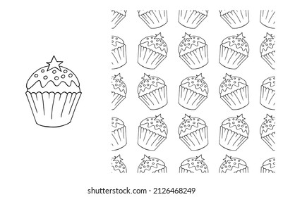 Coloring Cupcake. Set of element and seamless pattern