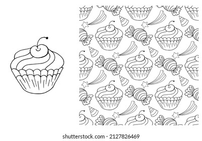 Coloring Cupcake. Set of element and seamless pattern