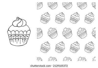 Coloring Cupcake. Set of element and seamless pattern