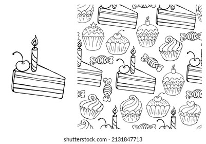 Coloring Cupcake. Set of element and seamless pattern