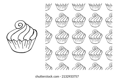 Coloring Cupcake. Set of element and seamless pattern