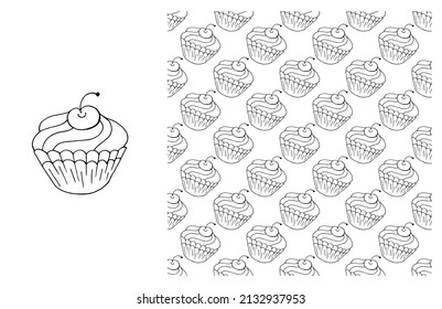 Coloring Cupcake. Set of element and seamless pattern