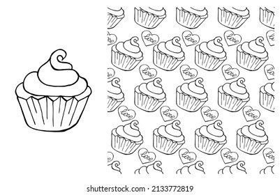 Coloring Cupcake. Set of element and seamless pattern