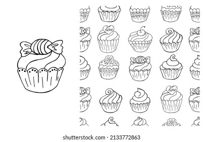 Coloring Cupcake. Set of element and seamless pattern