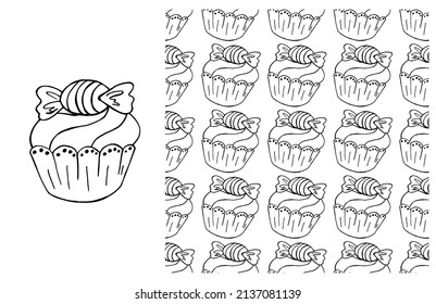 Coloring Cupcake. Set of element and seamless pattern