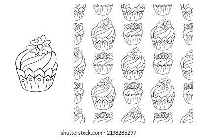 Coloring Cupcake. Set of element and seamless pattern
